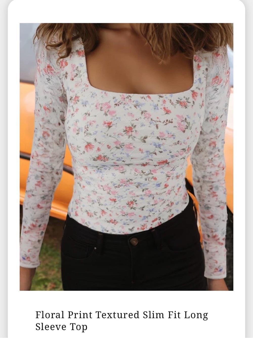 Floral Square-Neck Long Sleeve Top - White with Pink Floral